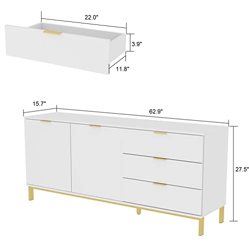 MOUMON Sideboard Storage Cabinet with Drawers and Doors, Credenza Sideboard Buffet, Gold Metal Frame Legs