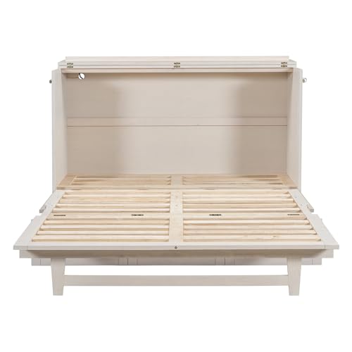 Harper & Bright Designs Full Size Murphy Bed Wall Bed, Solid Pine Murphy Bed Chest Cube Cabinet Bed with USB