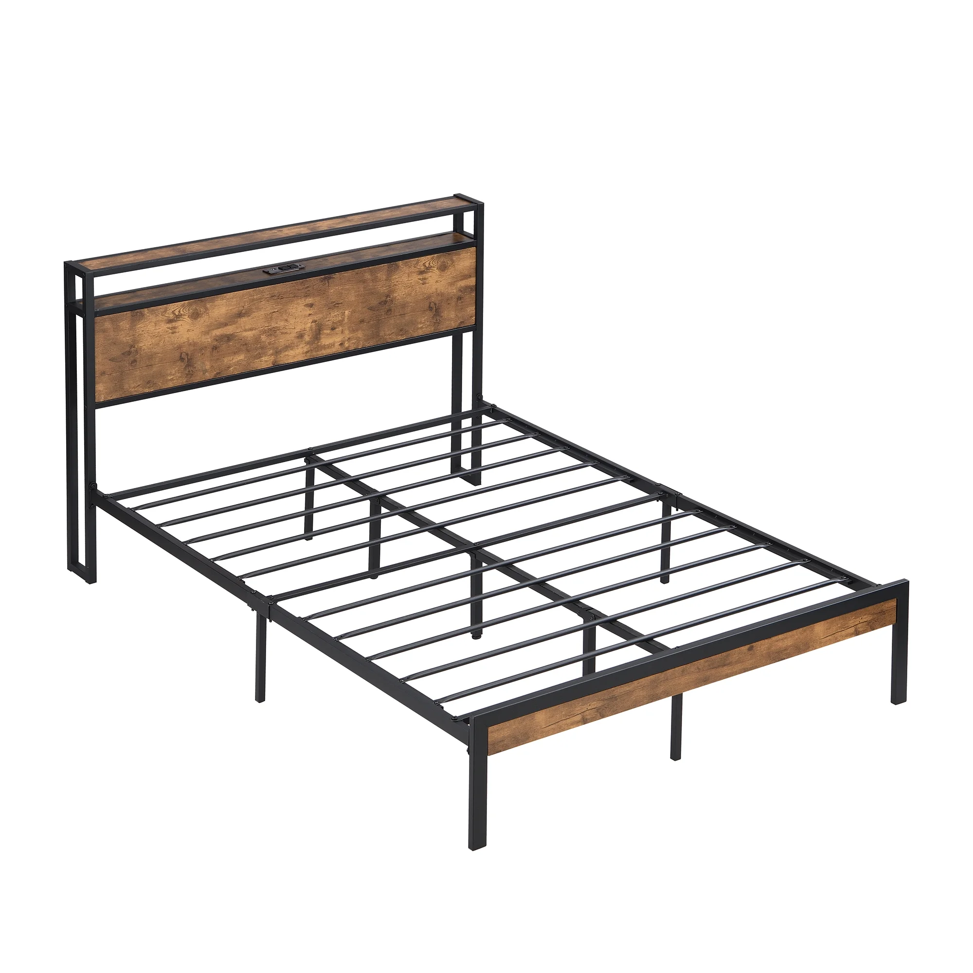 KINFFICT King Size Metal Platform Bed Frame with Wooden Headboard and Footboard, with USB Liner, Sturdy Steel Slat Support, 10.4" Underbed Storage