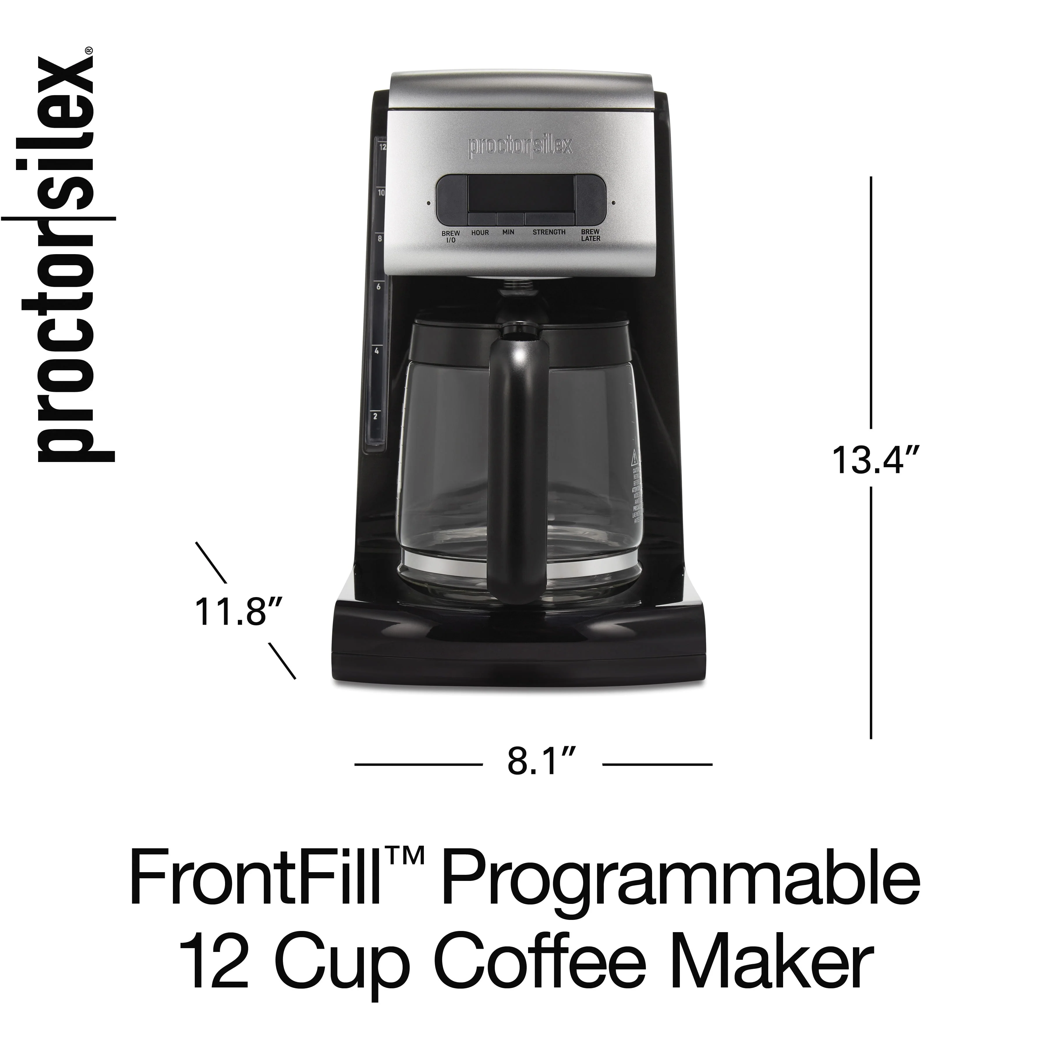 Proctor Silex Front Fill Programmable Coffee Maker, Glass Carafe, 12 Cup Capacity, Black and Silver, 43687