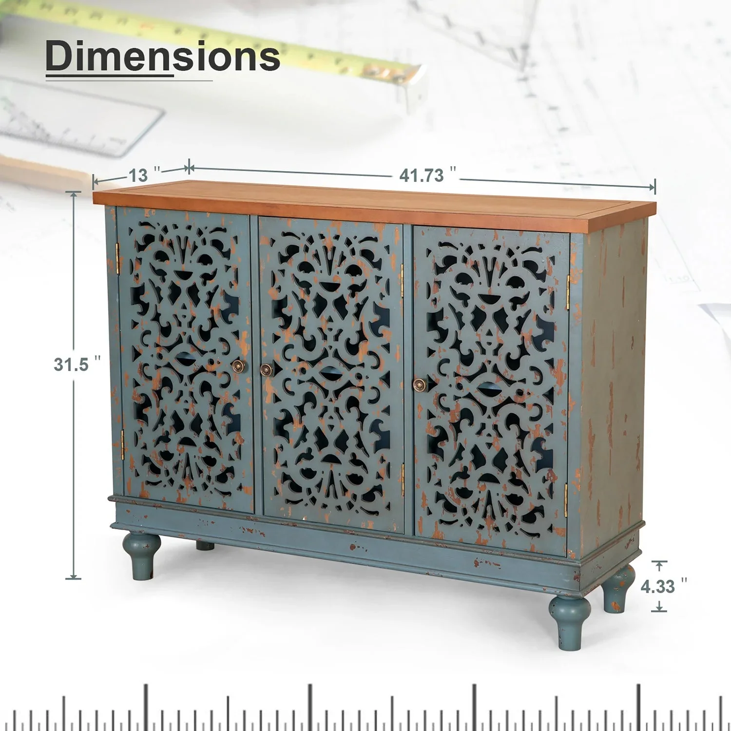 Alpha Joy 3-Door Hollow Carving Accent Cabinet for Dining Room, Living Room,Hallway-Blue