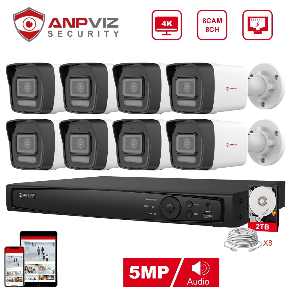 Anpviz 8CH 4K PoE Home Security Camera System, 5MP H.265+ NVR AI CCTV System and 8PCS 4K IP Bullet Camera With 2TB HDD, Human Vehicle Detection