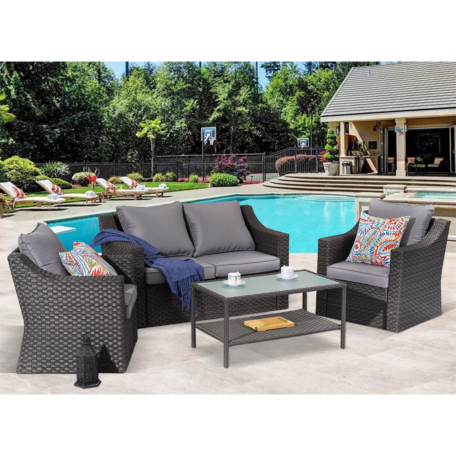 CozyHom 5 Pcs Outdoor Patio Wicker Furniture Sofa Set Clearance Rattan Sectional Conversation Couch Set With Table and Cushions, Grey