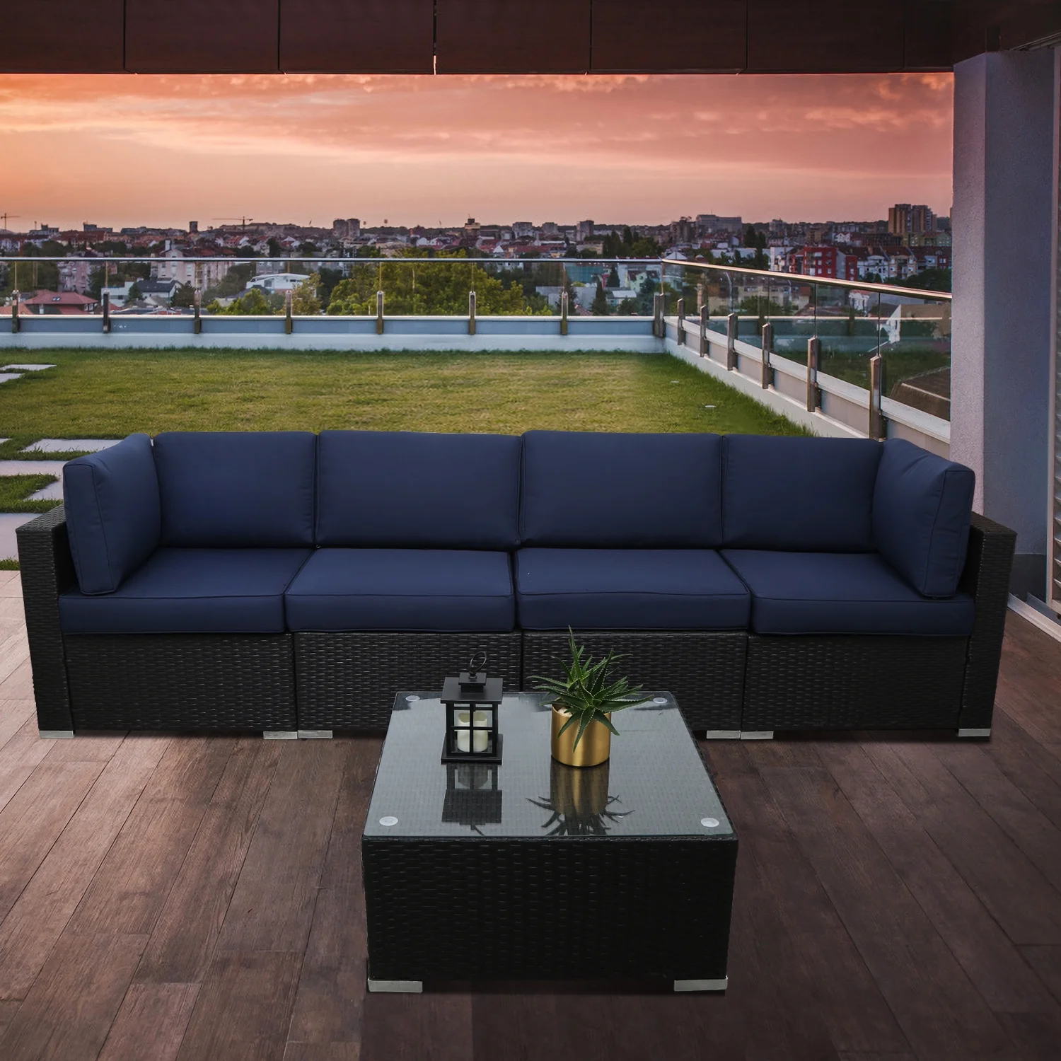 Excited Work 5 Pcs Patio Sofa PE Rattan Outdoor Wicker (BLUE) Patio Conversation Set