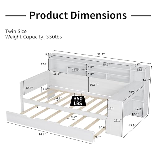 Corner Twin Bed Frame with Bookcase Storage and Desk, Wood Day Beds with 2 Drawers, Twin Size Daybed with Storage for Living Room