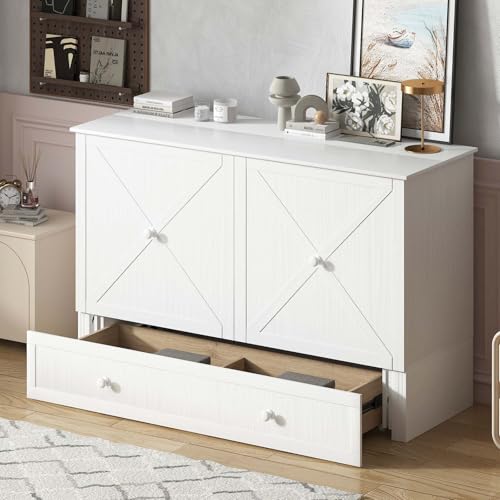 Mjkone Queen Size Murphy Bed with Tri-Folding Mattress, Charging Station, Modern Cabinet Bed with Drawers