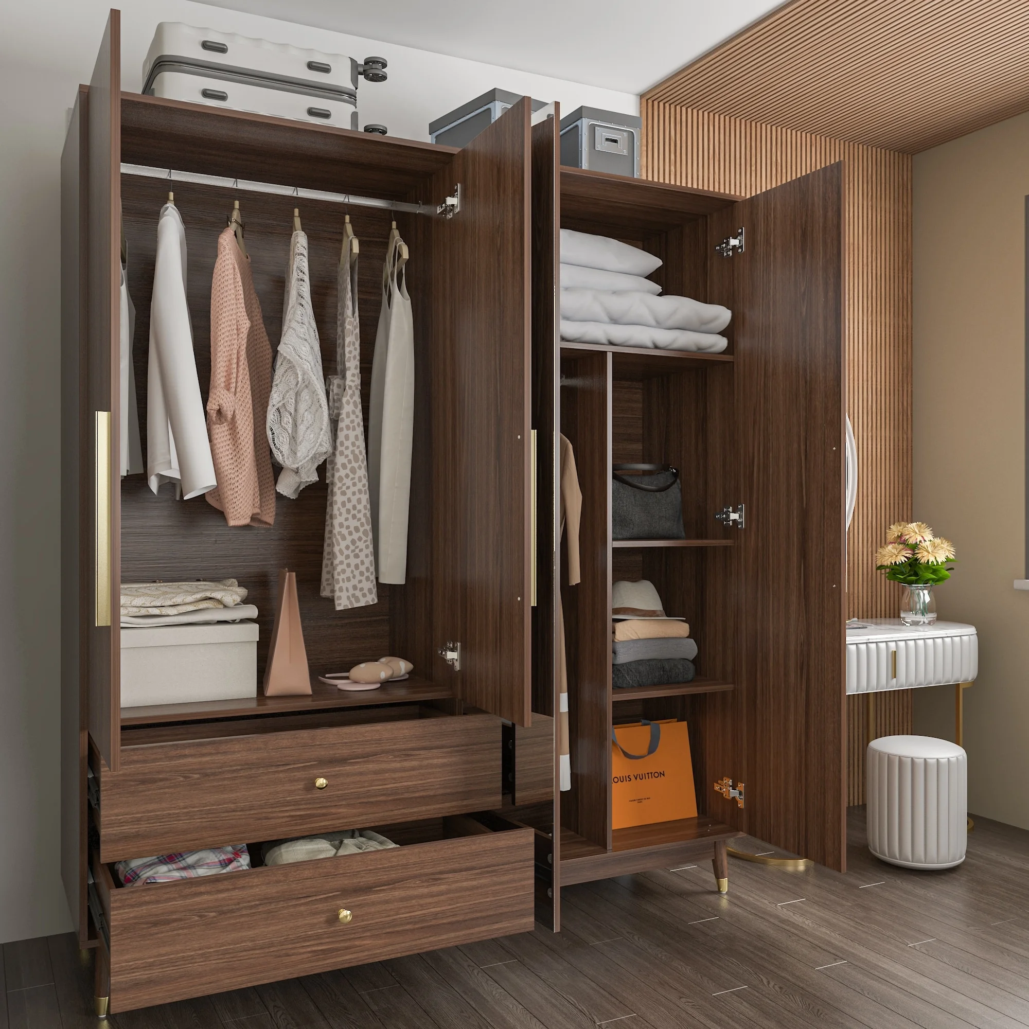 Wardrobe Armoire Closet with Mirror Wardrobe Cabinet with 2 Drawers Wood
