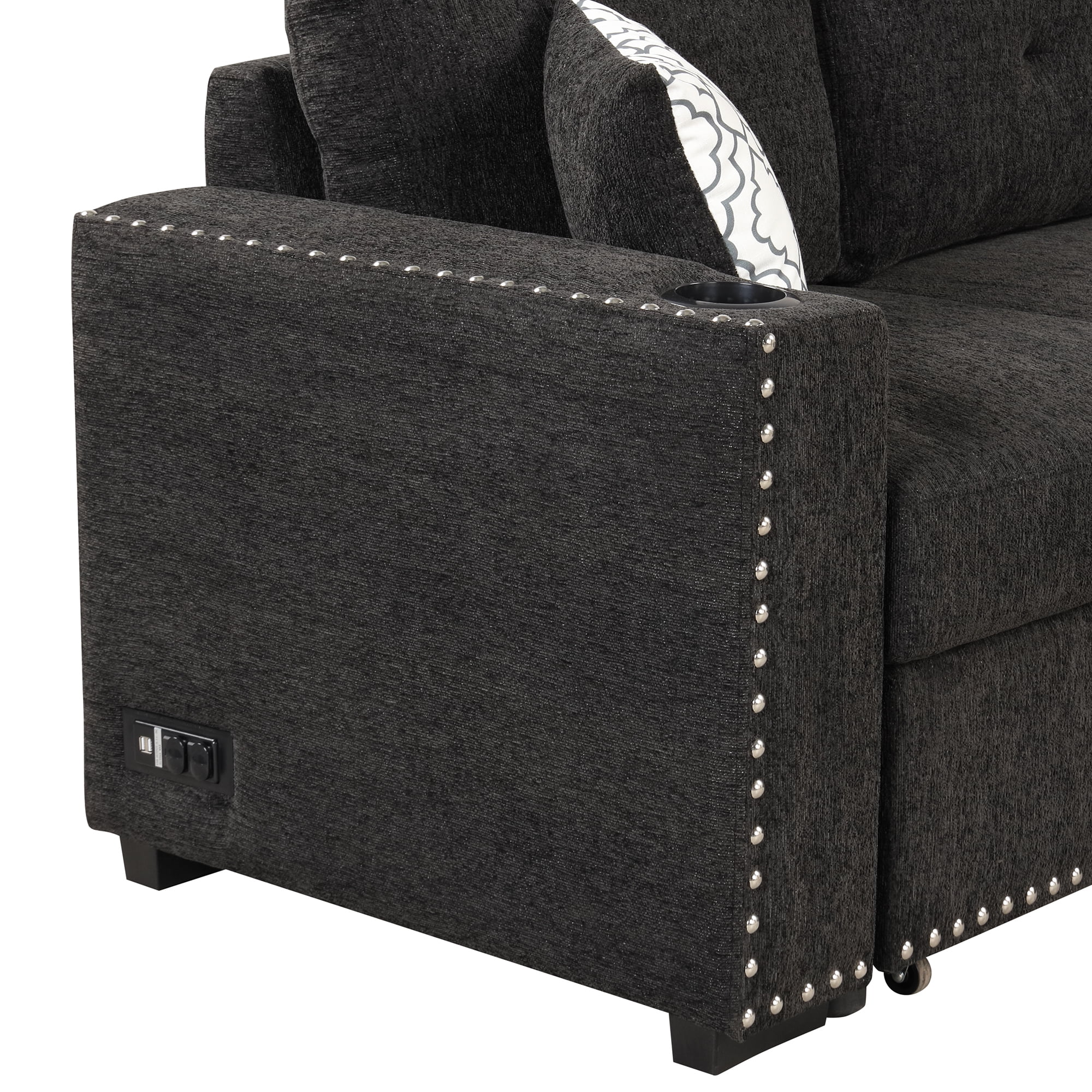 Reversible Sectional Pull-Out Sofa Bed L-Shaped Corner with Storage Chaise, Black