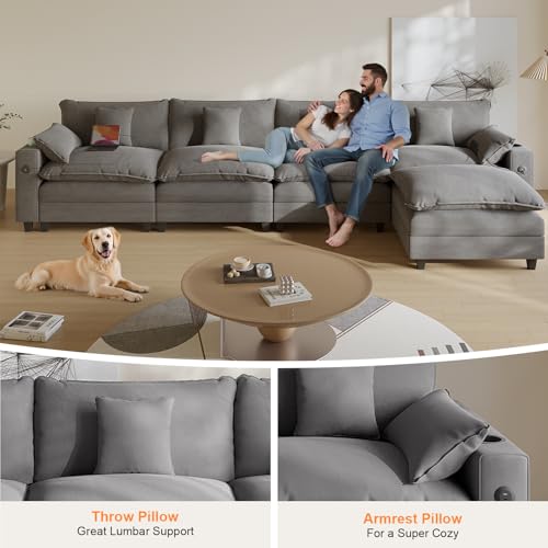 Modular Sectional Sofa, Cloud Couch with Ottoman, Charging Station, Throw Pillows, Cup Holders, Modern Convertible U Shaped Couches for Living Room