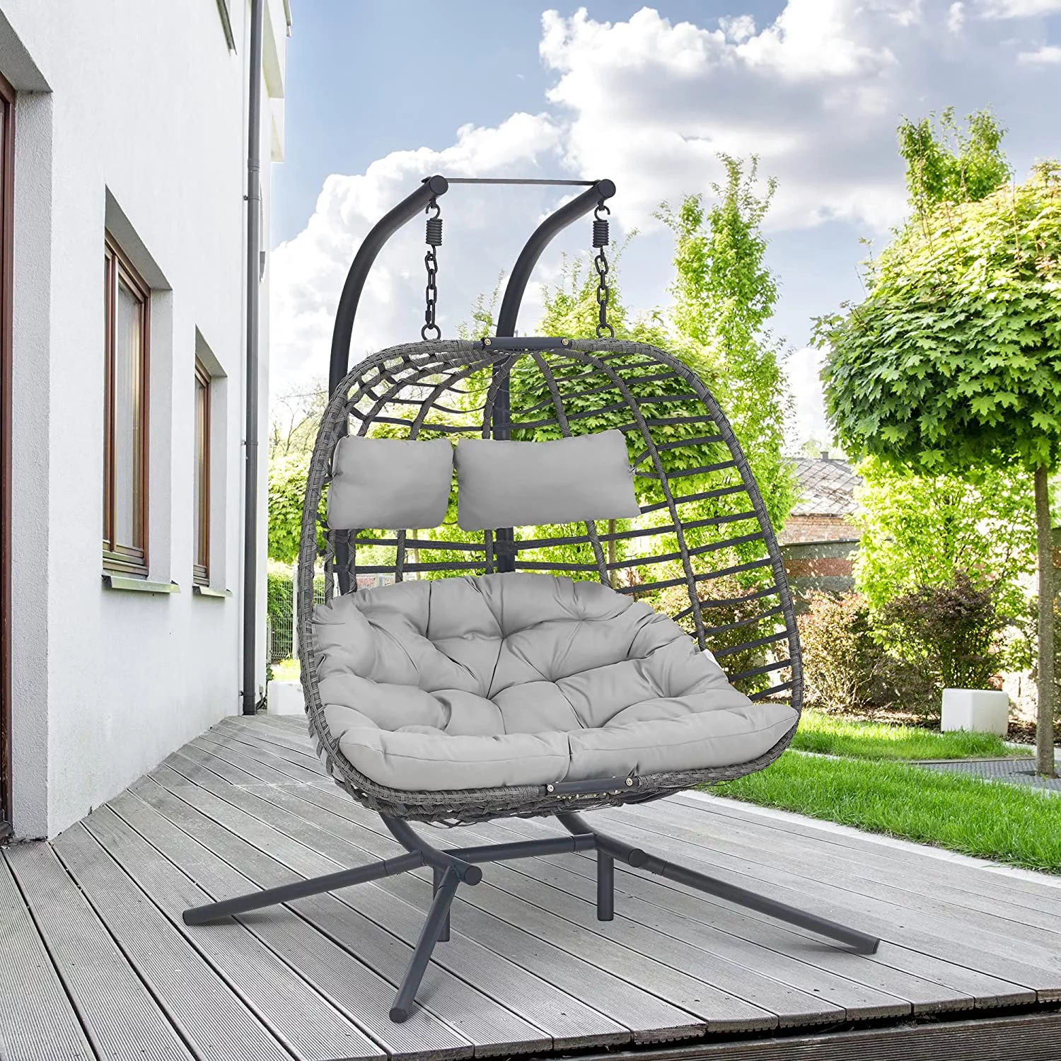 Brafab 2 Person Swing Egg Chair with Sturdy Stand and Fluffy Cushion, Large Double Hand-Woven Wicker Rattan Hanging Egg Chairs