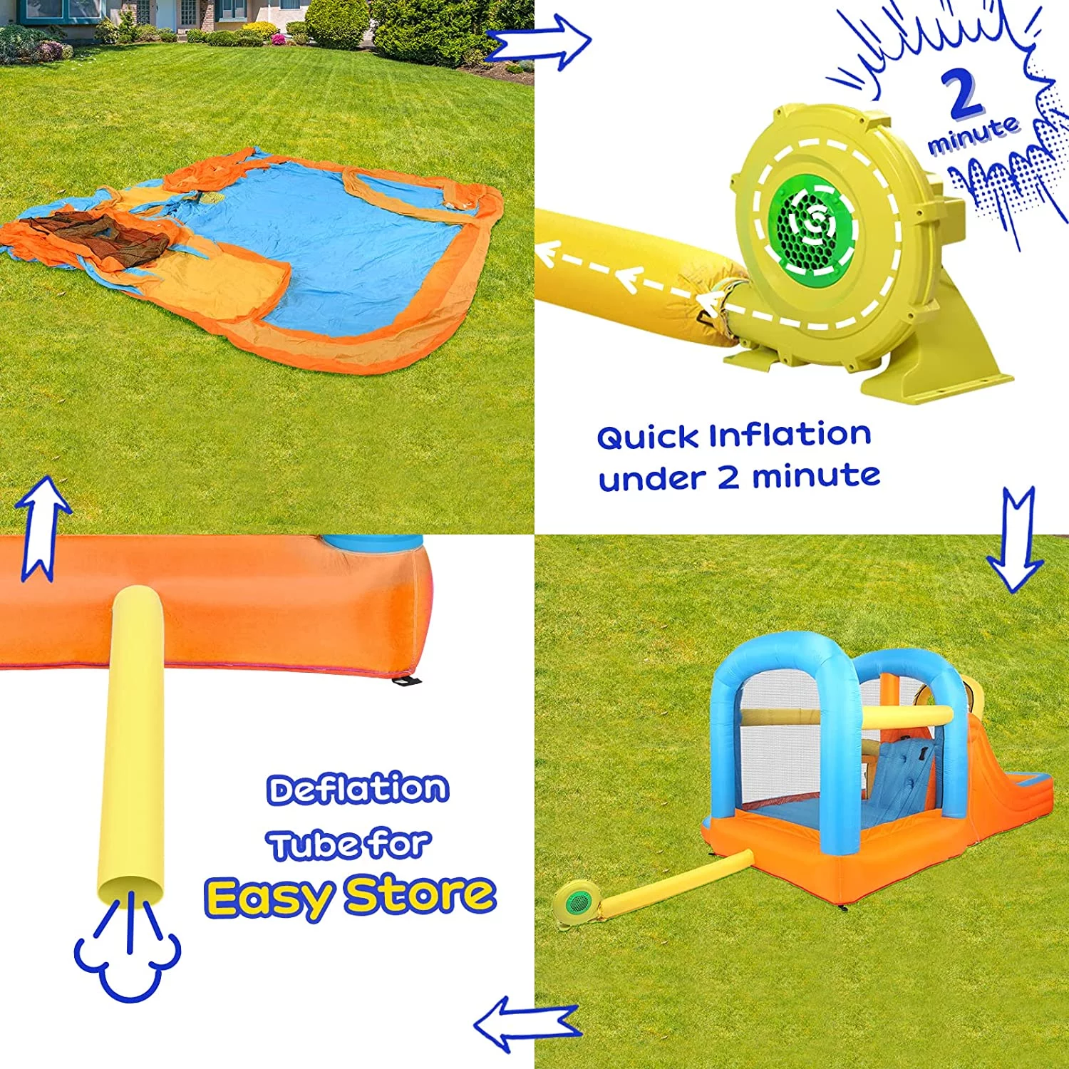 JOYMOR 5-in-1 Inflatable Water Slide Park, Water Bounce House w/Air Blower, Climbing Wall, Double Jump Area , Splash Pool, Water Cannon
