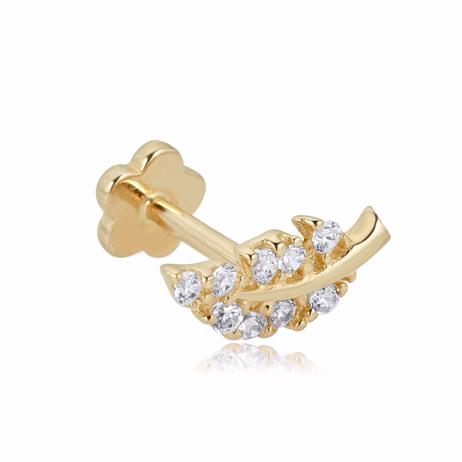 AVORA 14K Yellow Gold Simulated Diamond CZ Sideways Leaf Cartilage Piercing Flat Back Earring Body Jewelry (18 Gauge)