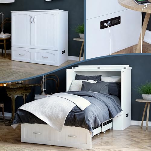 AFI Southampton Queen Murphy Bed Chest with Mattress, Storage, and Built-in Charger in Grey