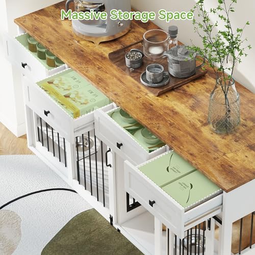 Real Relax 71" Double Dog Crate Furniture, Large Wooden Dog Kennel Furniture with 2 Drawers, Divider and Sliding Door