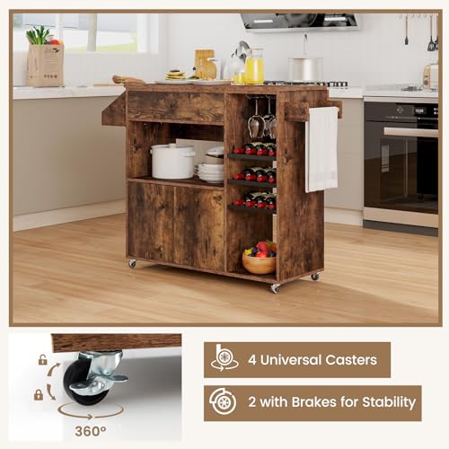Rolling Kitchen Island with Drop Leaf & Power Outlet, Microwave Cart with Storage Cabinet, Drawer, Wine & Cup Holder, Spice & Towel Rack