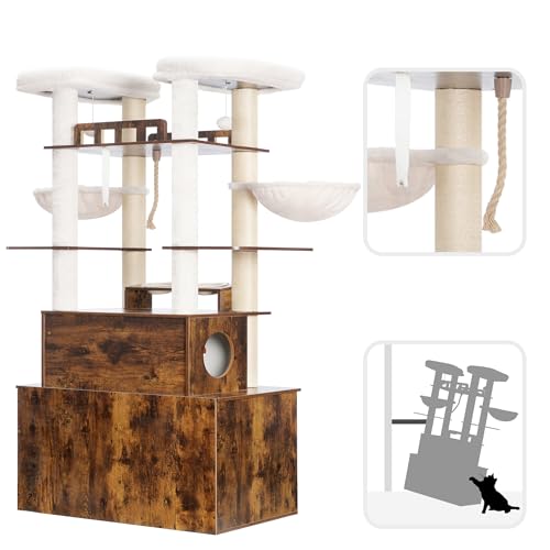Heybly Cat Tree for Maine Coon with Litter Box Enclosure, 72-inch Wooden Cat Tower for Indoor Cats Large Adult, Big Condo with Food Station, Baskets