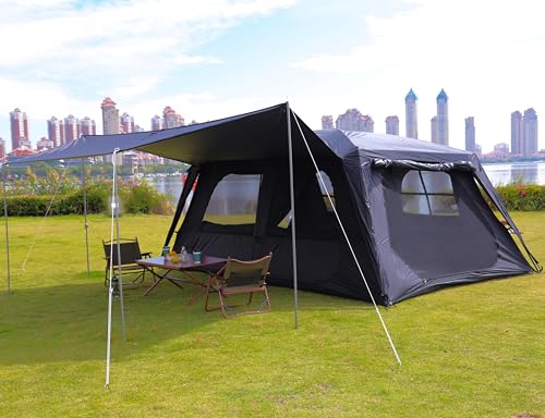 KTT Extra Large Tent 10-12-14 Person(B),Family Cabin Tents,2 Rooms,3 Doors and 3 Windows with Mesh,Straight Wall,Waterproof,Double Layer