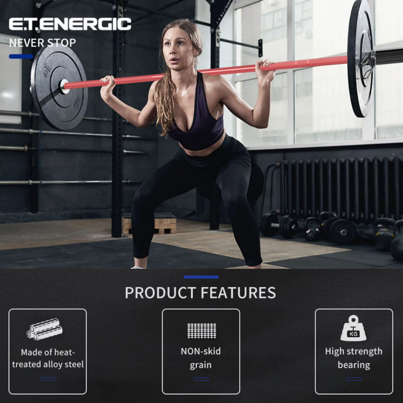 E.T.ENERGIC 7ft 40 lb Olympic Bar for Weightlifting and Power Lifting Weight Barbell 700 lb Capacity