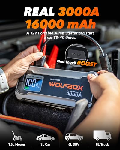 WOLFBOX 4000A Jump Starter,12V Car Battery Jump Starter with 65W Quick Charger,LED Display
