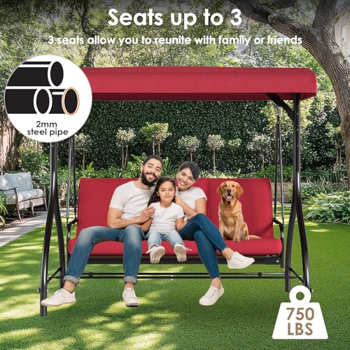 TLSUNNY 3-Seat Outdoor Patio Porch Swing with Adjustable Canopy & Backrest, Convertible Glider Bed with Stand, Removable Seat Cushion