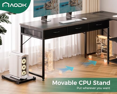 AODK 53 Inch L Shaped Computer Desk with Drawers, Corner Desk with Power Outlets & Reversible Storage Shelves
