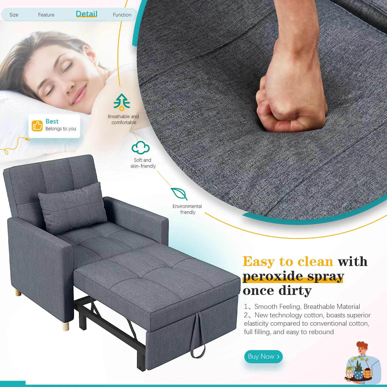 YODOLLA Sleeper Sofa Chair 3 in 1 Sleeper Chairs for Adults Pull Out Chair Bed Sleeper with Extra Pillow and Convertible Backrest Multi-Functional