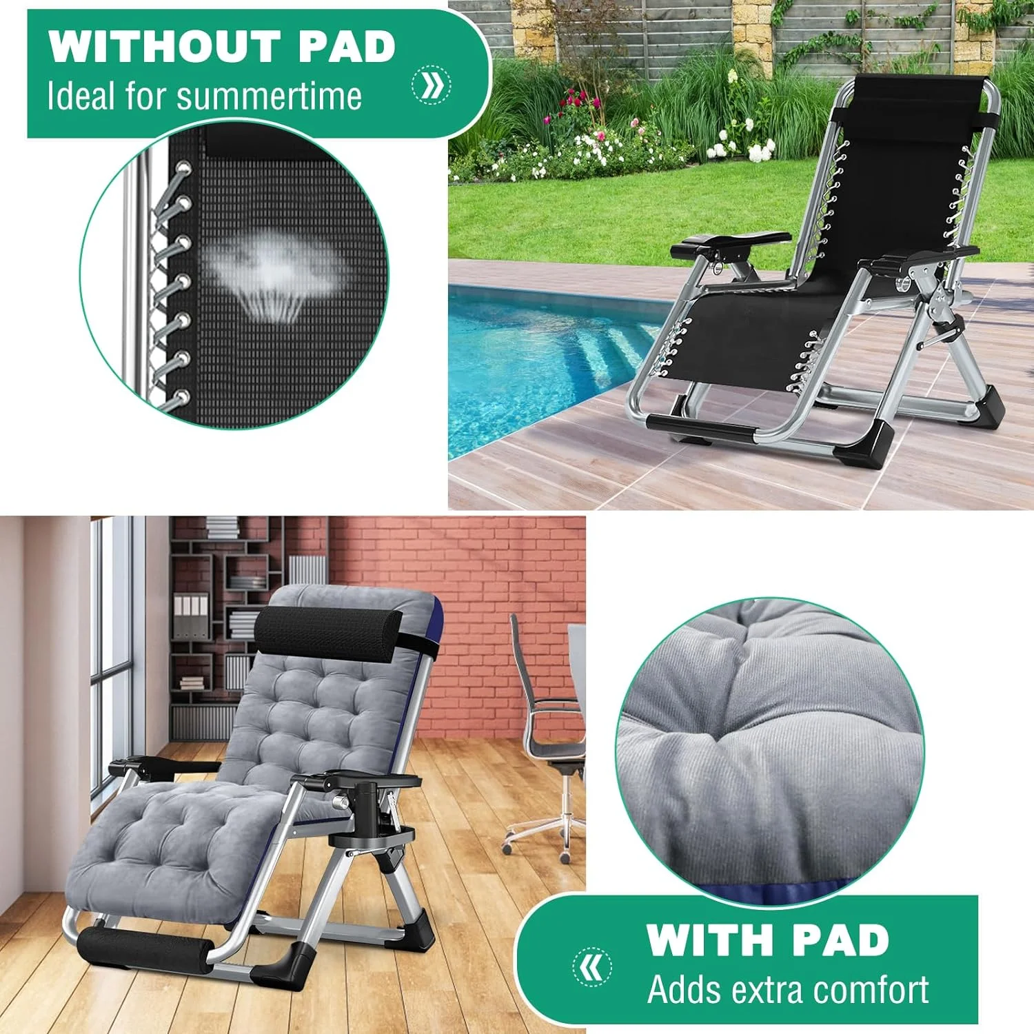 Slsy XL Zero Gravity Chair, Oversized XL Folding Reclining Lounge Chair with Removable Cushion & Tray for Indoor and Outdoor