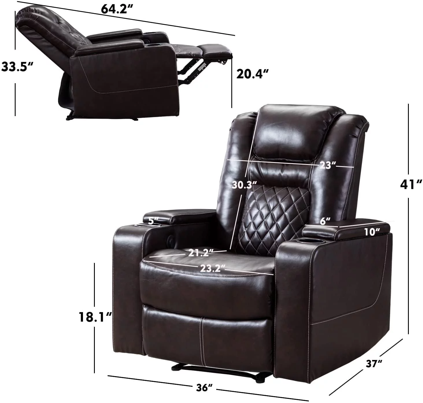 Ebello Power Recliner Chair, Leather Home Theater Seating, Living Room Chair Brown