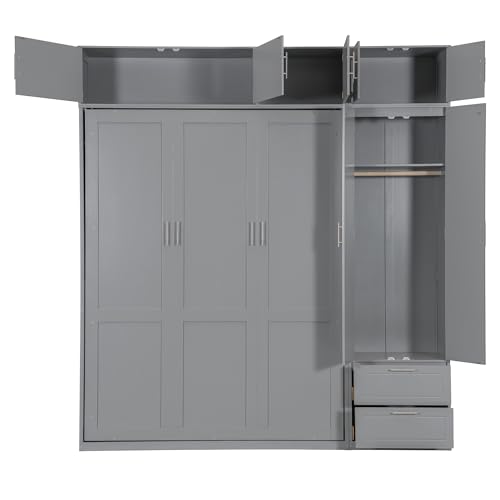 Queen Size Wall Murphy Bed with Desk, Top Cabinet and Storage Shelves, Wood Queen Murphy Hidden Wall Bed for Home Office or Small Room