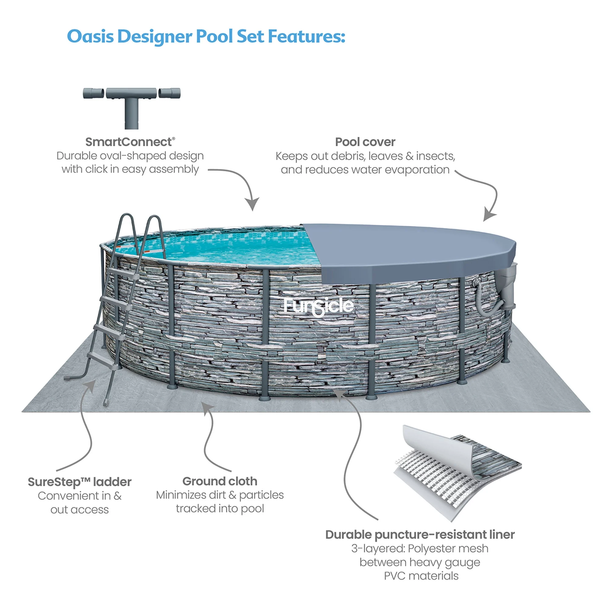 Funsicle 16' x 48" Oasis Round Frame Pool with 16' Debris Cover, Stone