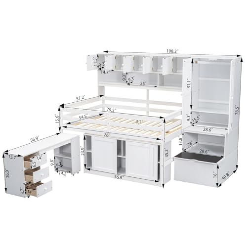 Harper & Bright Designs Full Size Loft Bed with Wardrobe, Wooden Full Loft Bed Frame Big Storage with Under-Bed Desk, Drawers and Shelves, Gray