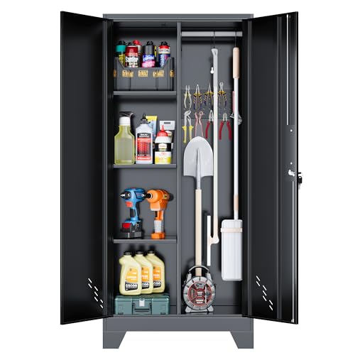 61" H Broom Closet Cabinet, Metal Storage Cabinet with Lockable Doors and Pegboard, Utility Closet for Brooms and Mops, Tool Cabinets for Home Office