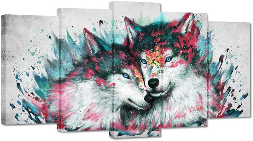 iHAPPYWALL Large 5 Pieces Wolf Canvas Wall Art Black and White Wolves Couple Abstract Animal Picture Painting on Canvas for Modern Home Living Room