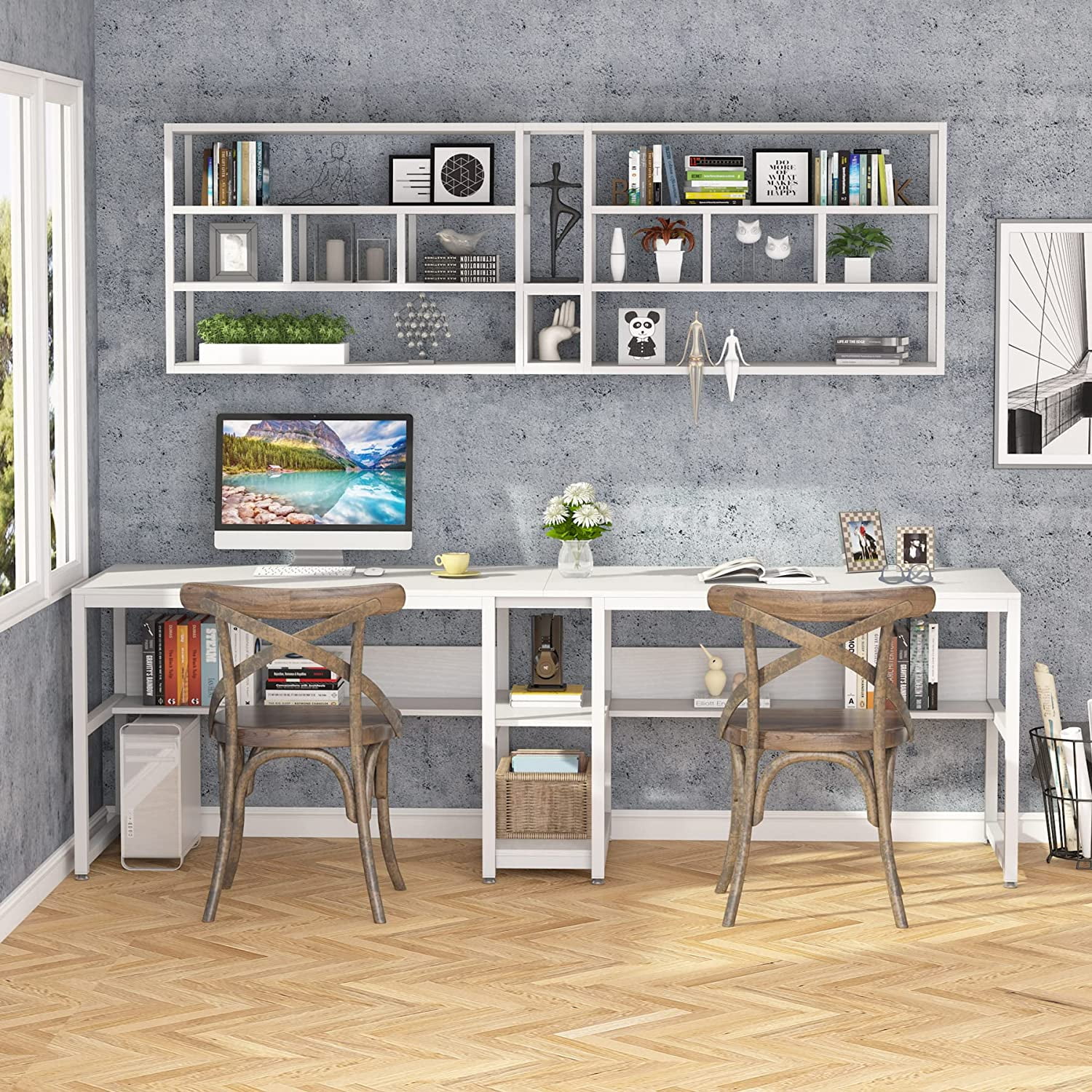 Tribesigns Double Computer Office Desk with 2 Ter Storage Shelf, Modern White Training Table