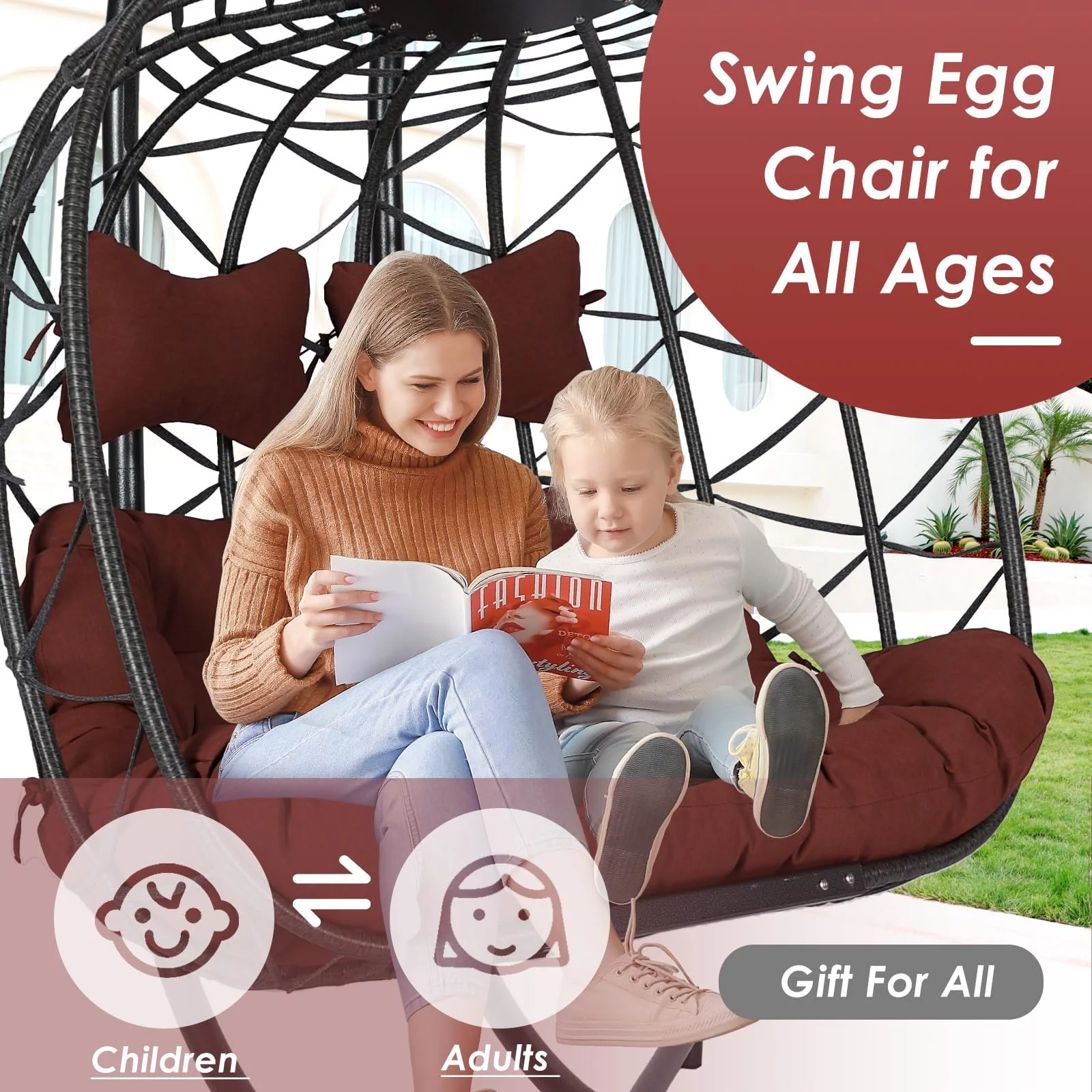 NICESOUL 2 Seater Egg Swing Chair with Stand 2 Person Indoor Outdoor Gray Swing Hanging Chair Two Person Burgundy Olefin Cushion Large Luxury 510Lbs