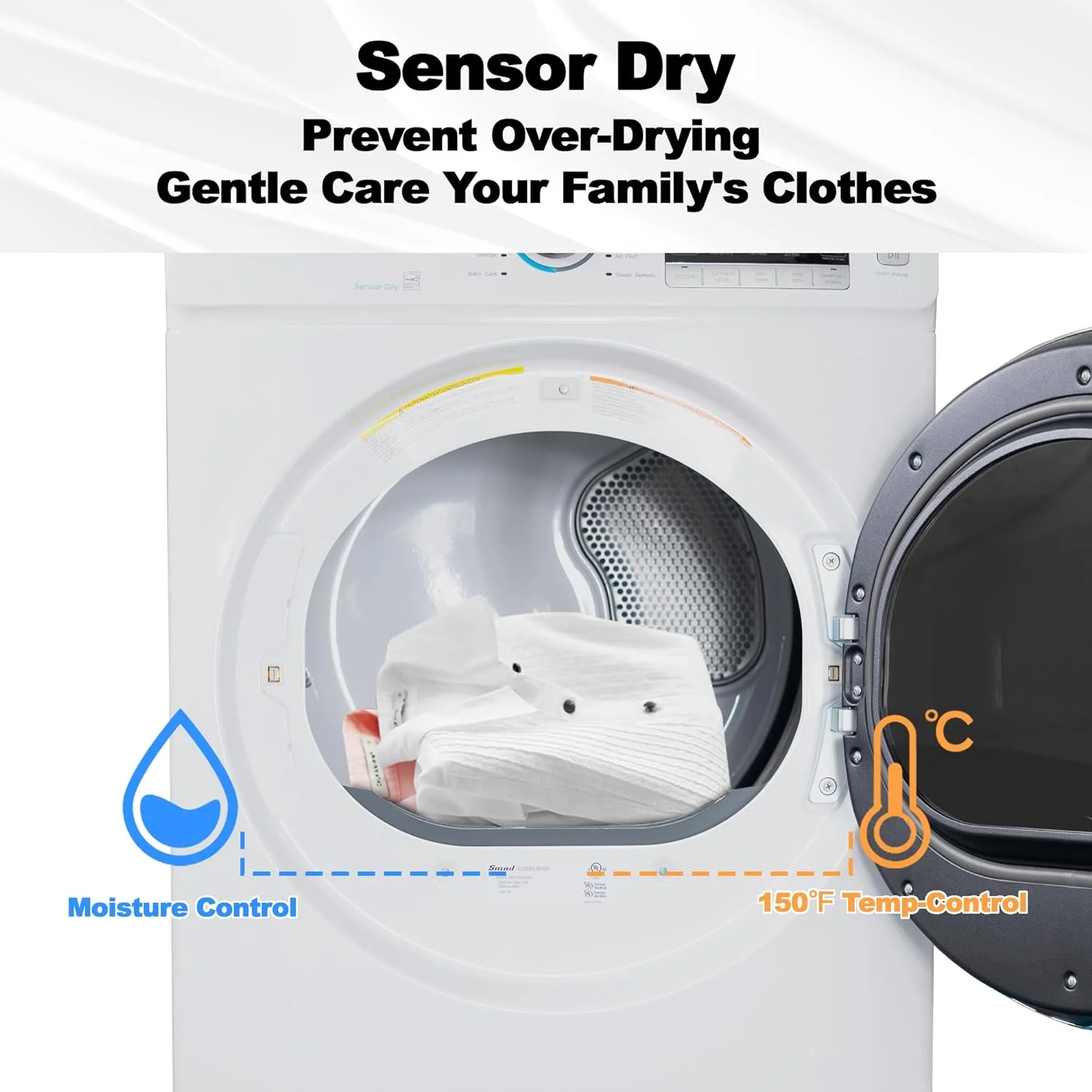 SMAD 8 Cu ft Electric Front Load Dryer, 27 in.W Large Capacity, Steam Function, Wrinkle Care, Stackable, Reversible Door