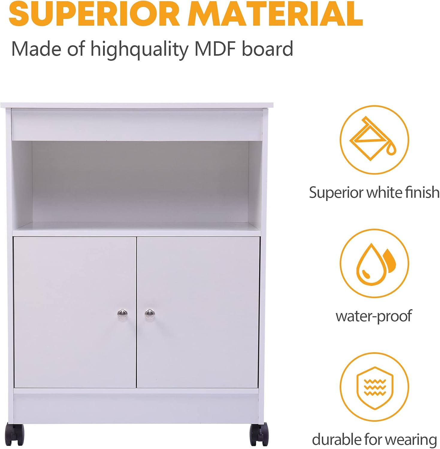 Microwave Cabinet Cart,Microwave Stand Kitchen Cart with Storage, Double Door Cabinet, Open Storage,Top Shelf,White