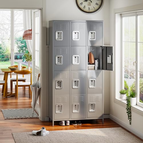 METAN Metal Storage Locker for School Office Gym Bedroom, 12 Doors Locker Cabinet for Employees, Industrial Steel Storage Locker with 12 Hooks