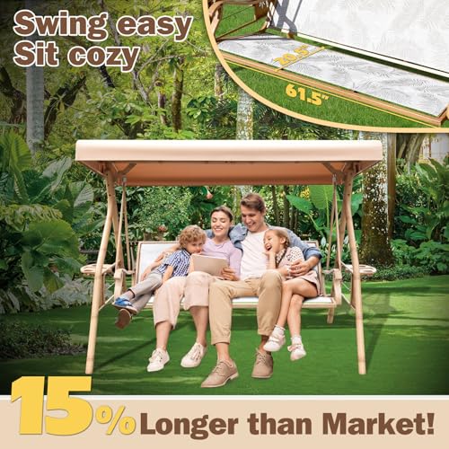3 Person Patio Swing Outdoor Swing for Adults with Adjustable Canopy &Upgraded Cup Holders Textilene Fabric Porch Swing Chair with Stand Heavy Duty