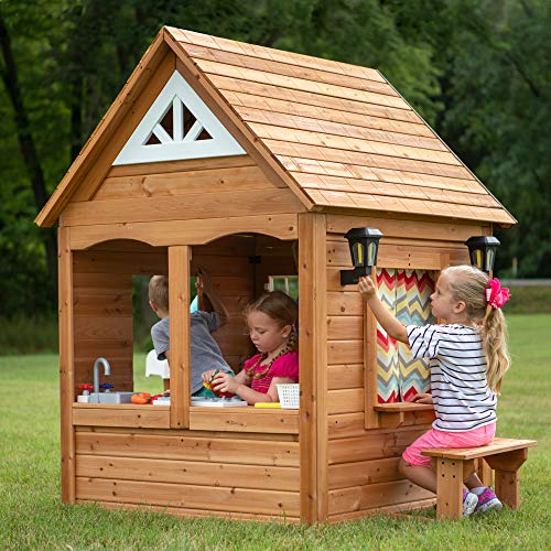 Backyard Discovery Aspen Cedar Wooden Kids Playhouse Cottage with Play Kitchen, Snack Bar, Picnic Bench, Dinner Bell, Mailbox, Dutch Door