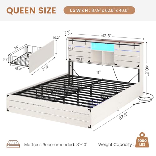 VIAGDO Wooden Bed Frame Queen Size with Bookcase Headboard and Sliding Barn Door, Farmhouse Queen Bed Frame with Charging Station