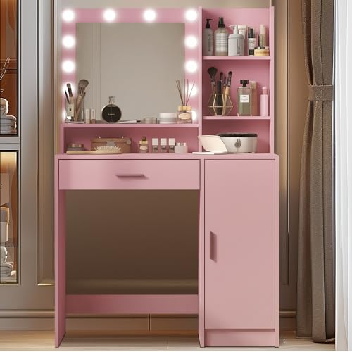 Vanity Desk with Mirror and Light, Large Drawer and Three Level Storage Dresser, 3 Lighting Modes Adjustable Brightness