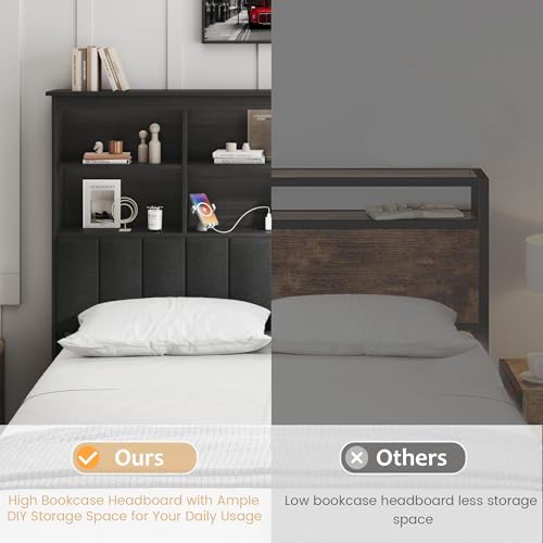 HISOFT Queen Bed Frame with Storage Headboard, Wood Bed with High Storage Bookcase, 4 Drawers & LED & Charging Station