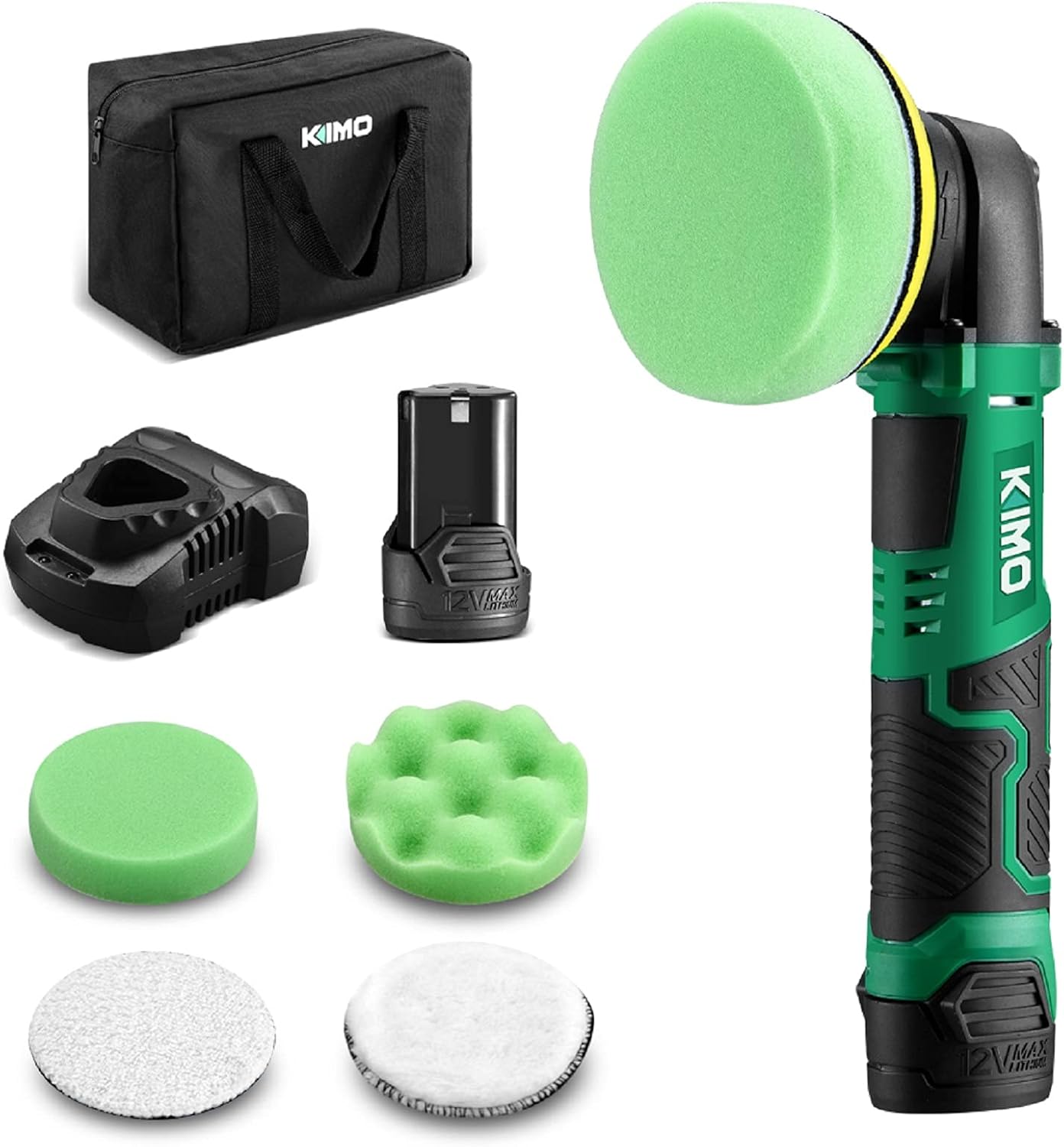 KIMO Cordless Car Buffer Polisher Kit w/ 2.0Ah Battery & Fast Charger, Variable Speed, 4 Polishing Pads for Car Waxing/Scratch Removing