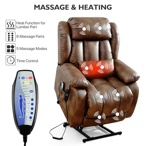 EDILLY Large Genuine Leather Power Lift Recliner Chairs for Elderly, Dual Motor with Massage and Heating,Double Lumbar Cushion and Extended Footrest