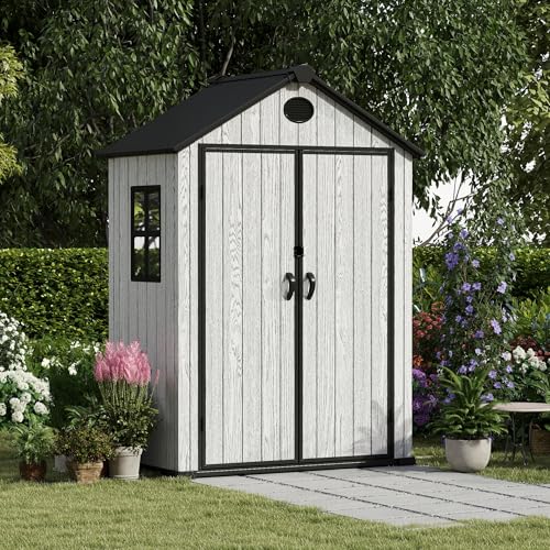4.4x6 FT Resin Outdoor Storage Shed, 230 Cuft Garden Tool Sheds & Outdoor Storage Plastic Shed with Floor