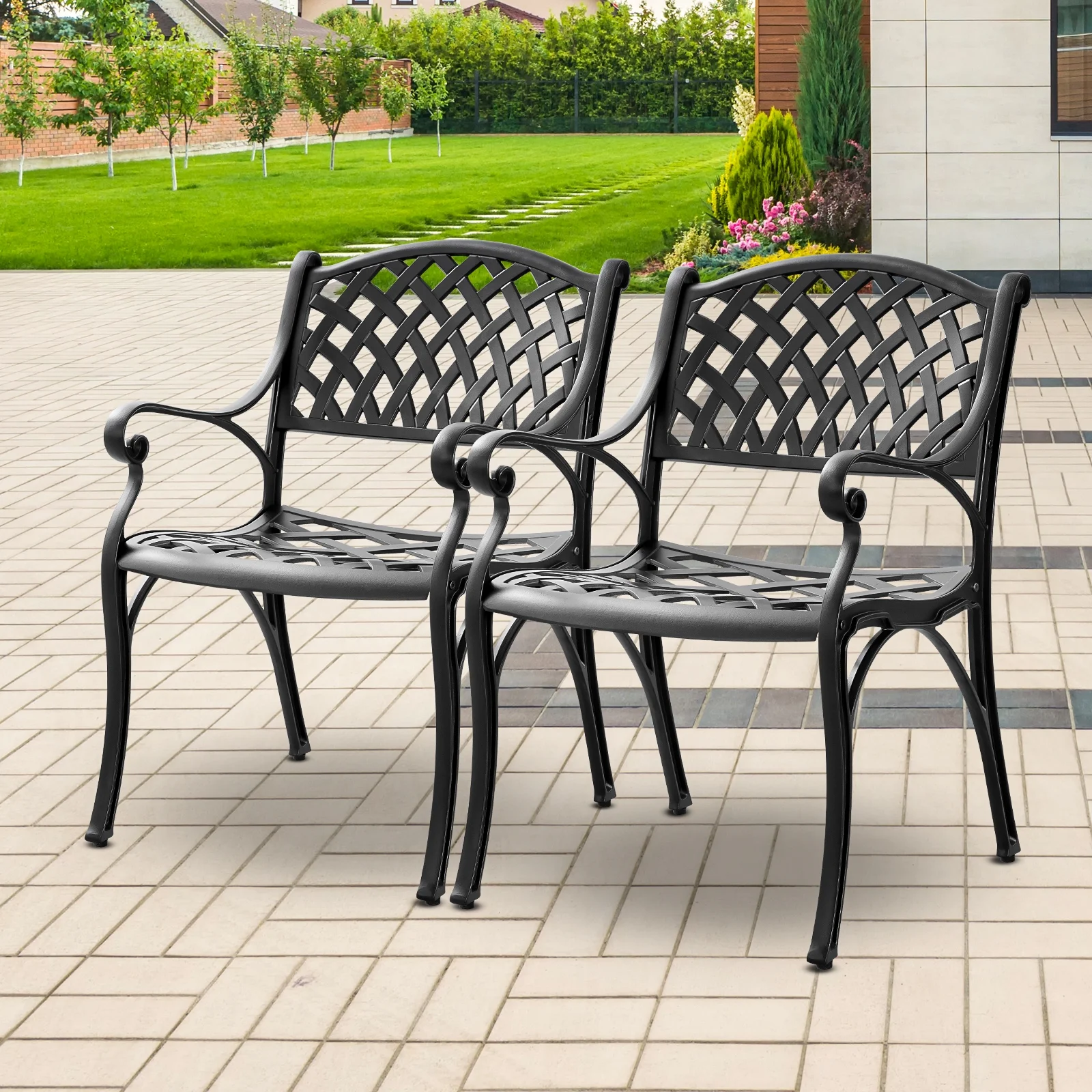 PATIO-IN Cast Aluminum Patio Chairs Set of 2, All Weather Outdoor Patio Dining Chairs with Arms,Matel Bistro Chairs for Outdoorside,Black