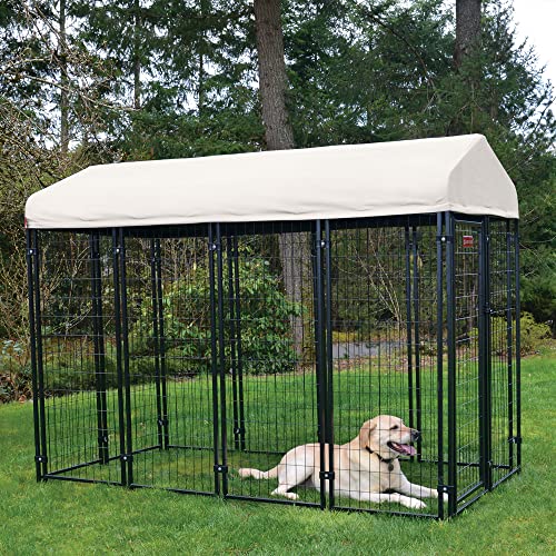 Stay Series 4 by 4 by 4.3 Feet Studio Jr. Black Powder Coat Steel Frame Outdoor Dog Kennel with Waterproof Canopy Roof and Gate Door, Khaki