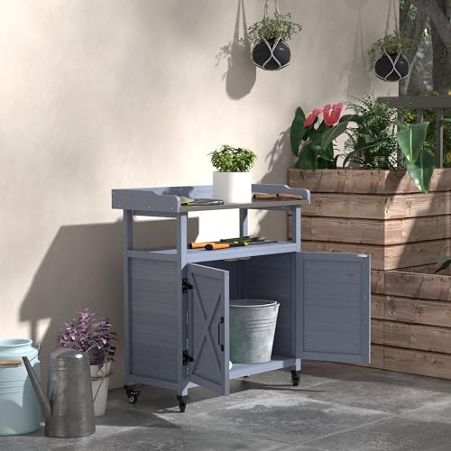 Outsunny Outdoor Wooden Potting Bench Table, Garden Workstation with Storage Cabinet, Aluminum Table Top, Rubber Wheels for Backyard, Patio, Balcony