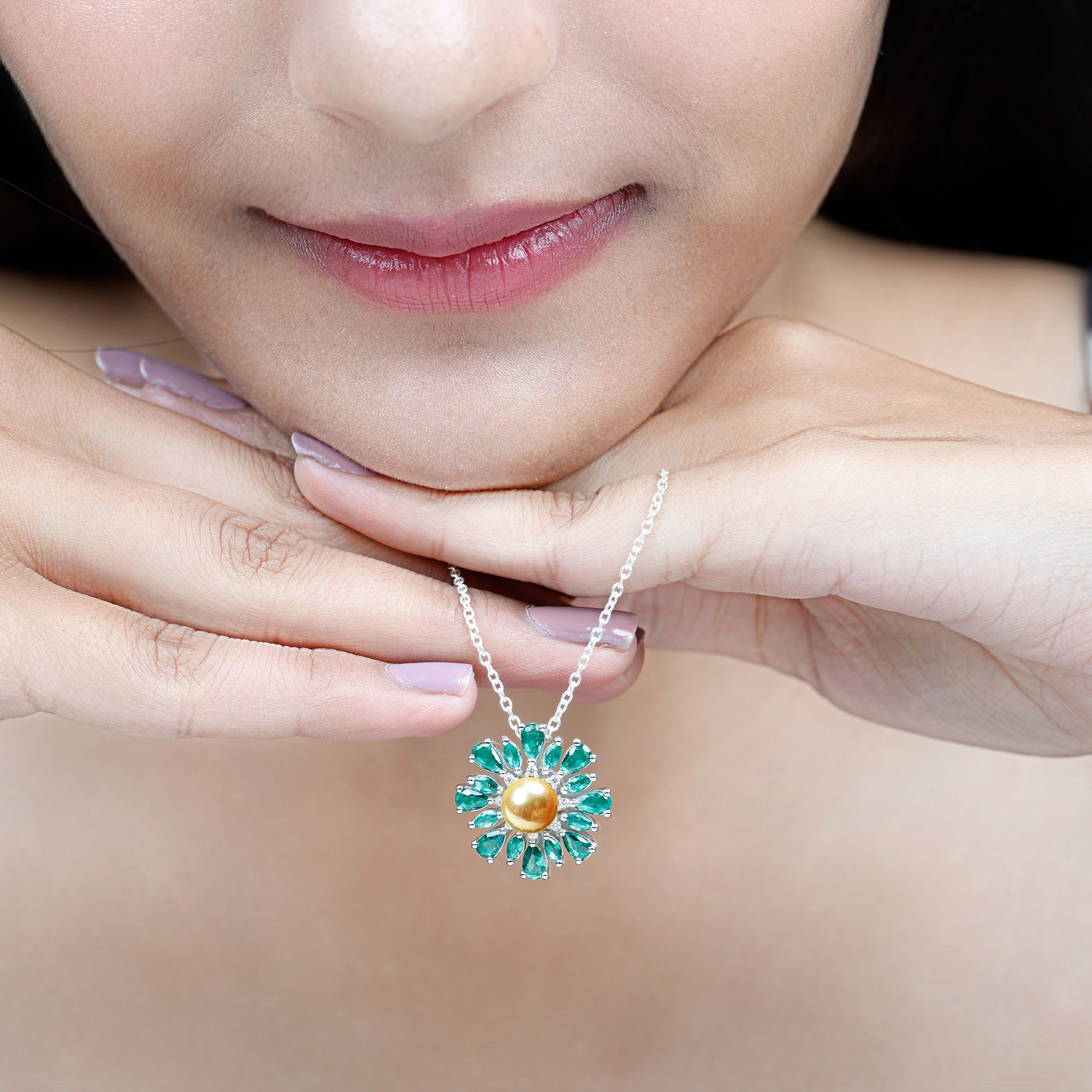 South Sea Pearl Pendant with Emerald and Diamond, Floral Pendant Necklace, 18K White Gold